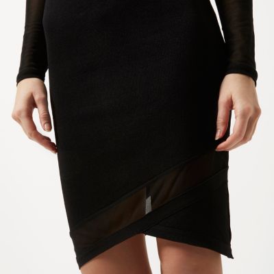 Black knit mesh panel mini skirt